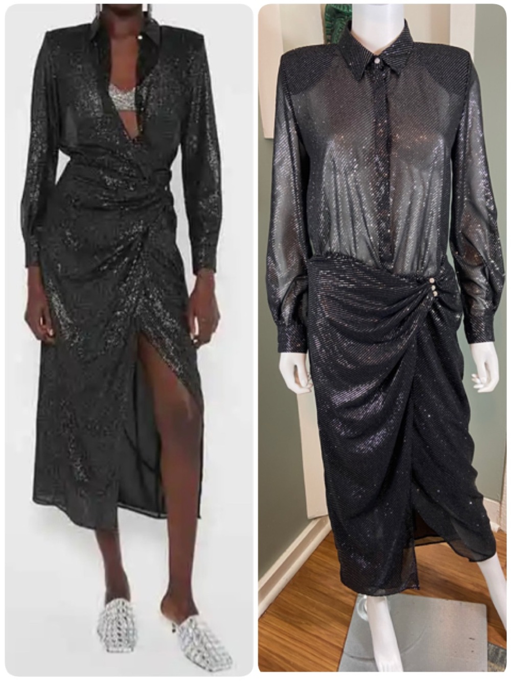 Zara Metallic Glitter Crossover Wrap Black Sheer Draped Midi Dress Medium M